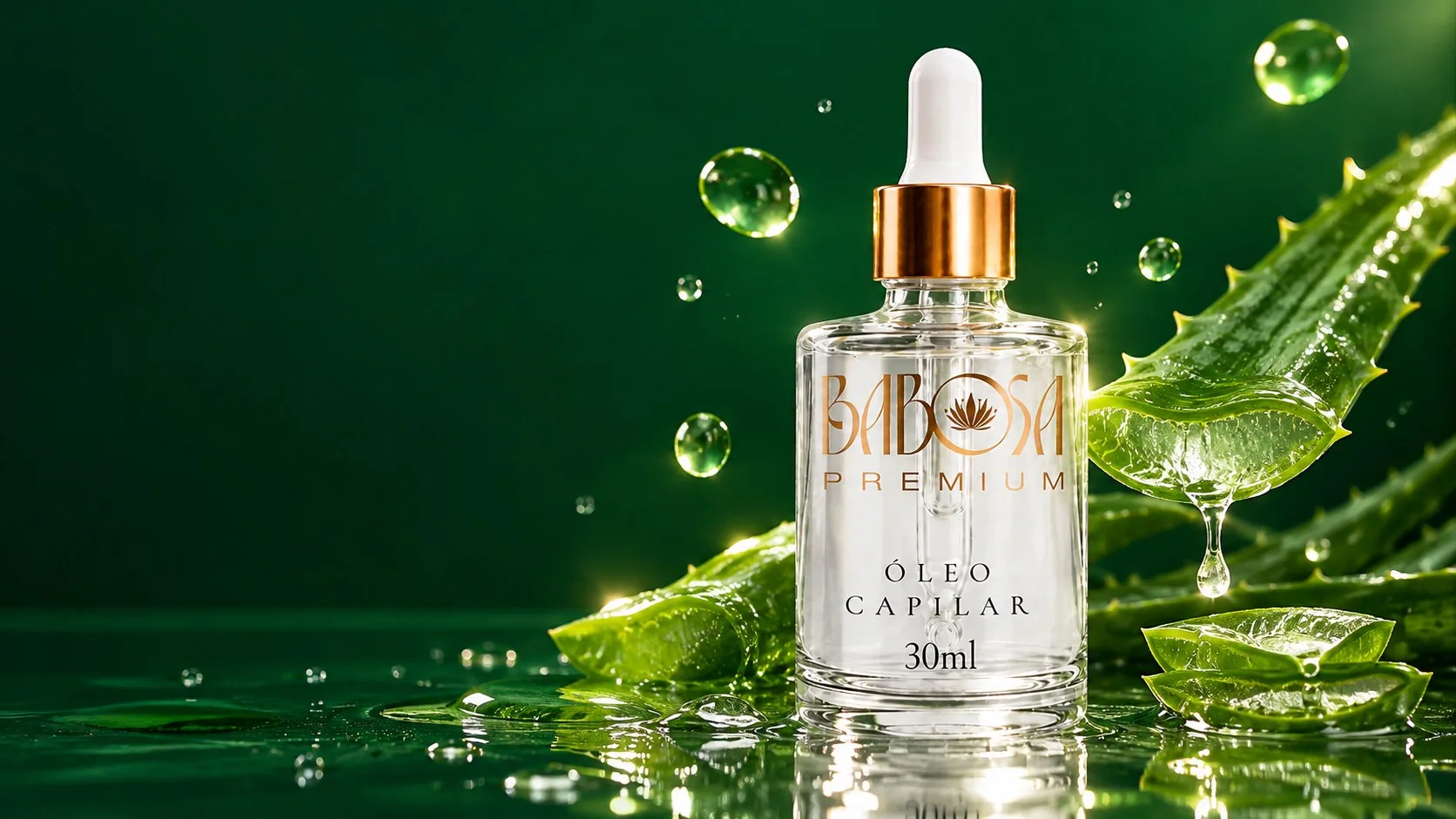 Frasco de Babosa Premium entre folhas de babosa com gel escorrendo, sobre fundo verde